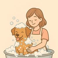 Illustration of a groomer bathing a happy golden puppy